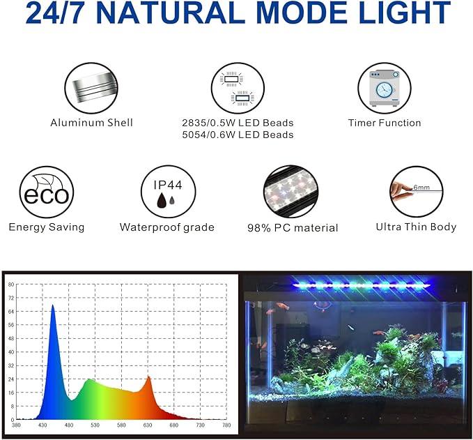 Aquarium LED Light 30"-38" Fish Tank Light with Timer, 24/7 Cycle, 5 Dimmable Brightness, Sunrise/Sunset Simulation Planted Light for 10/20/30/55 Gallon Freshwater Fish Tank OYOWATER