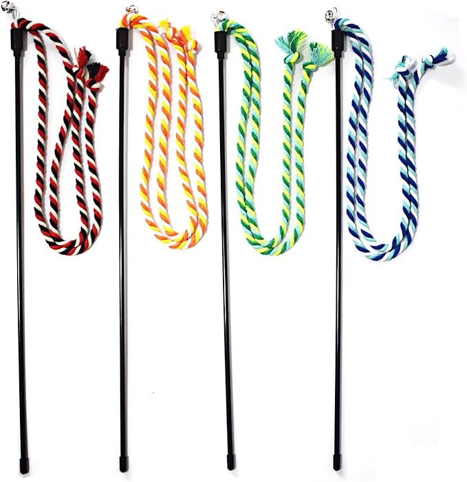 IUHKBH Cat Wands, 4 PCS Colorful Rope Cat Toys Interactive Cat Teaser Wands with Bell for All Breed Sizes - PAWPICO