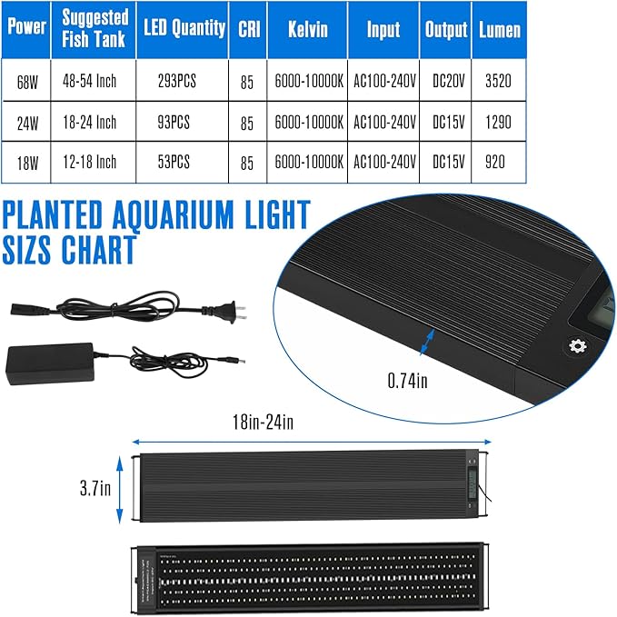 Aquarium Light 18-24 Inch Fish Tank Light LED Full Spectrum with Timer Auto On/Off Extendable Bracket Aquarium Plant Light for Freshwater Planted Tank Sunrise Sunset Adjustable Multi-Color CMOOD