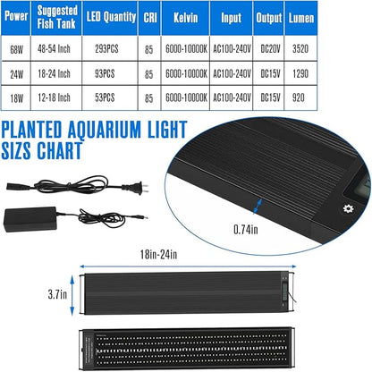 Aquarium Light 18-24 Inch Fish Tank Light LED Full Spectrum with Timer Auto On/Off Extendable Bracket Aquarium Plant Light for Freshwater Planted Tank Sunrise Sunset Adjustable Multi-Color CMOOD