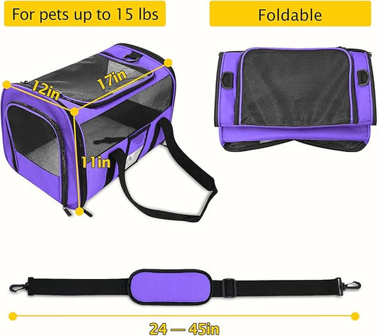 Refrze Pet Carrier Airline Approved, Cat Carriers for Medium Cats Small Cats, Soft Dog Carriers for Small Dogs Medium Dogs, TSA Approved Pet Carrier for Cats Dogs of 15 Lbs, Puppy Carrier,Purple - PAWPICO