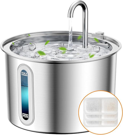 oneisall Stainless Steel Cat Water Fountain, 2L Water Fountains for Cats Indoor with Quiet Pump and 3 Replacement Filters, Pet Water Fountain Faucet Spout Design Cat Fountain Drinking Inside, PWF 001 - PAWPICO
