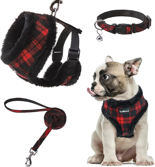 SCENEREAL Small Dog Harness Collar and Leash Set, Warm Fleece No Pull Puppy Vest Harness, Christmas Dog Outfit No Chock Adjustible Step in Pet Halter for Outdoor Walking Training, Red Plaid M SCENEREAL