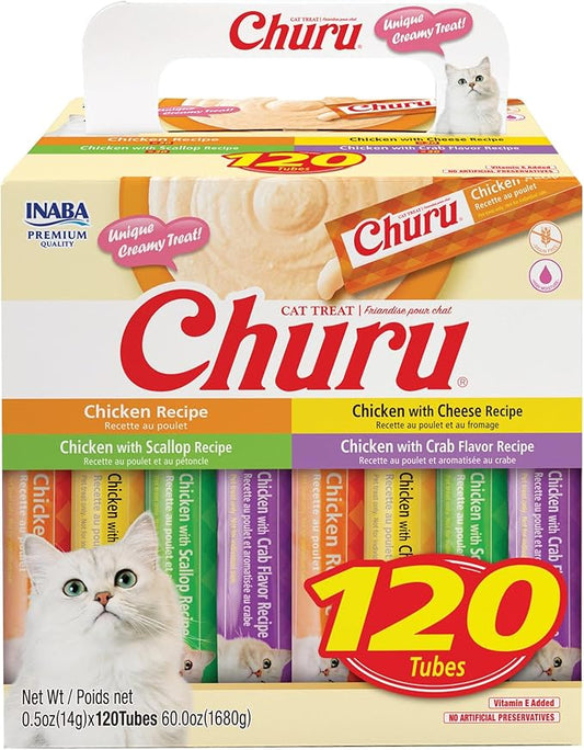 INABA Churu Cat Treats, Lickable, Squeezable Creamy Purée with Vitamin E, 0.5 Ounces per Tube, 120 Tubes Total, Chicken Variety INABA