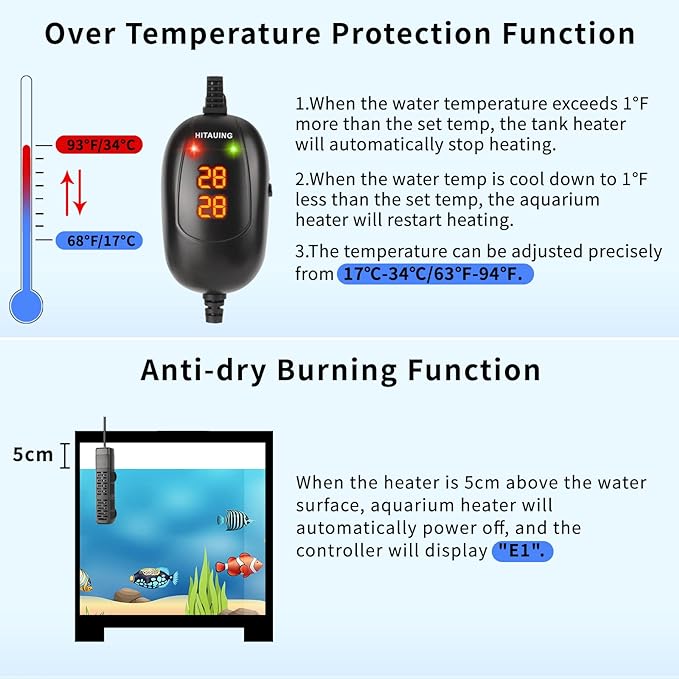 HiTauing Aquarium Heater, 50W/100W/200W/300W/500W Submersible Fish Tank Heater with Over-Temperature Protection and Automatic Power-Off When Leaving Water for Saltwater and Freshwater HiTauing