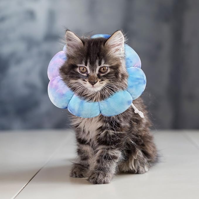 Flower Cat Cone, Uadonile Adjustable Cat Cone Collar, Soft Dog Elizabethan Collar Recovery E Collar After Surgery, Recovery E-Collar for Kittens/Puppies and Cats Recovery(Tie-dye Purple Blue, S) Uadonile