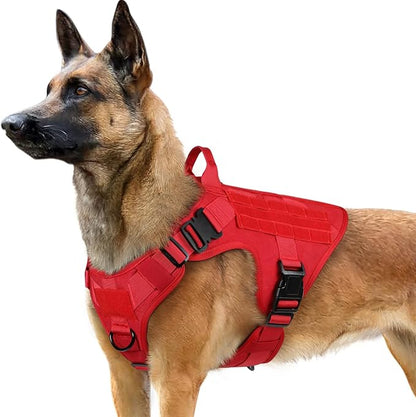 rabbitgoo Tactical Dog Harness for Large, Heavy Duty Pet Harness with Handle, No-Pull Service Vest Large Breed, Adjustable Military Dog Vest for Training Hunting Walking, Red, L rabbitgoo