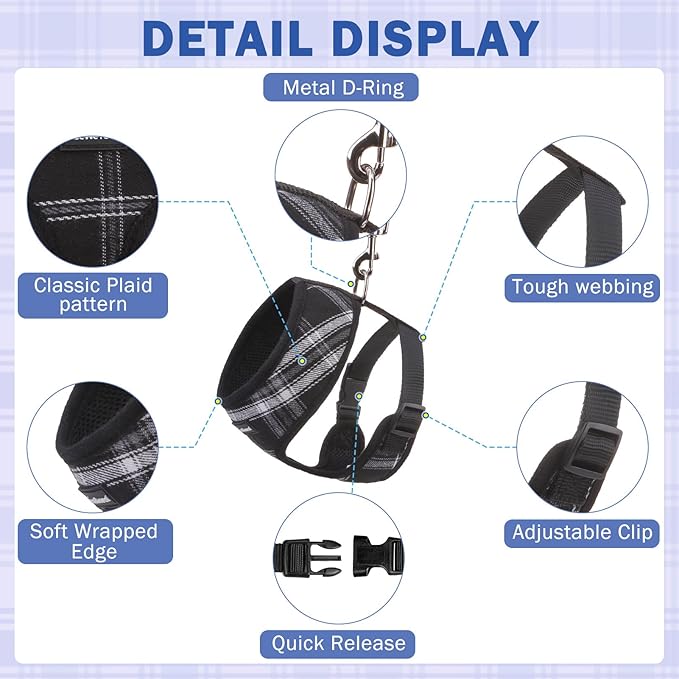 SCENEREAL No Pull Dog Harness Collar and Leash Set Small Medium Sized Dog, Soft Mesh Step in Puppy Harnesses, No Chock Plaid Adjustible Pet Vest for Outdoor Walking Training and Running, Black S - PAWPICO