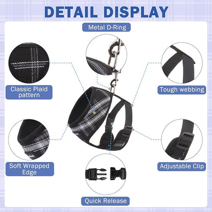 SCENEREAL No Pull Dog Harness Collar and Leash Set Small Medium Sized Dog, Soft Mesh Step in Puppy Harnesses, No Chock Plaid Adjustible Pet Vest for Outdoor Walking Training and Running, Black S - PAWPICO