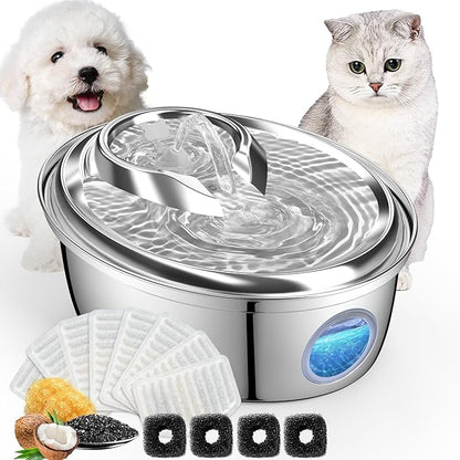 ORSDA Stainless Steel Cat Water Fountain, 100oz/3L Automatic Pet Drinking Fountain, Dog Water Dispenser Bowl with LED Window for Cats and Small & Medium Dogs- 12Pcs Filters（ D66 - PAWPICO