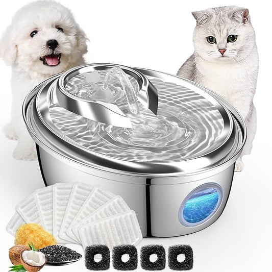 ORSDA Stainless Steel Cat Water Fountain, 100oz/3L Automatic Pet Drinking Fountain, Dog Water Dispenser Bowl with LED Window for Cats and Small & Medium Dogs- 12Pcs Filters（ D66 - PAWPICO