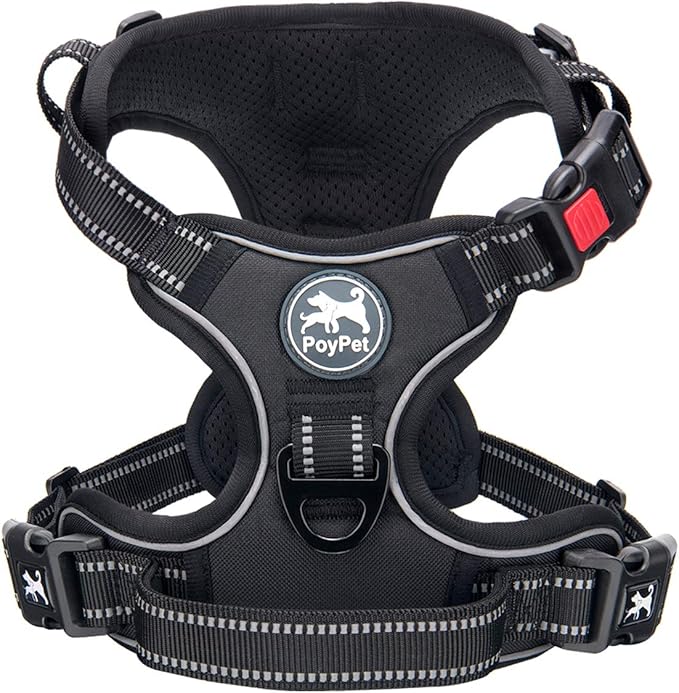 PoyPet No Pull Dog Harness, No Choke Front Clip Dog Reflective Harness, Adjustable Soft Padded Pet Vest with Easy Control Handle for Small to Large Dogs(Black,M) PoyPet