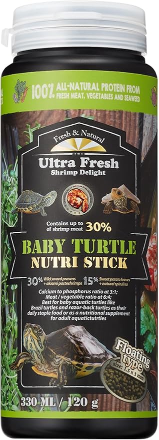 Ultra Fresh Floating Baby Turtle Food, All Natural Ingredients, Wild Sword Prawn, Calcium Vitamin D Enriched for Picky Aquatic Baby Turtles, Baby Turtle Nutri Stick 3.35 oz UltraFresh-ShrimpDelight