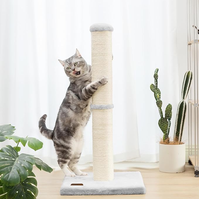 34inch Cat Scratching Post with Natural Sisal Rope 4.3Inch Large Diameter Scratcher Post Tree for Indoor Cats Grey - PAWPICO