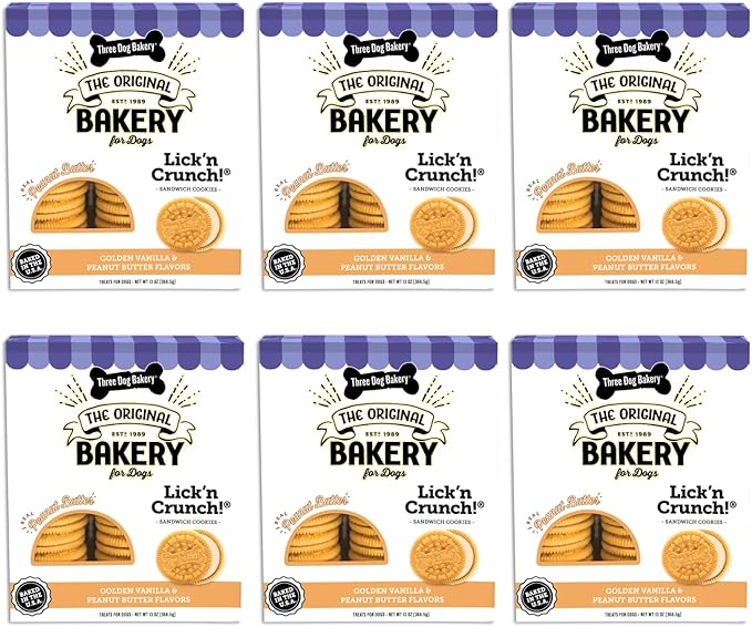 Three Dog Bakery Lick'n Crunch Sandwich Cookies Premium Dog Treats with No Artificial Flavors, Golden & Peanut Butter Flavor, 13 Ounces (Pack of 6) - PAWPICO
