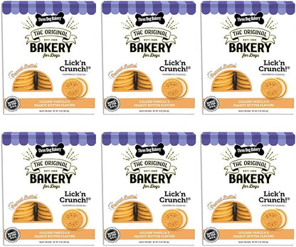 Three Dog Bakery Lick'n Crunch Sandwich Cookies Premium Dog Treats with No Artificial Flavors, Golden & Peanut Butter Flavor, 13 Ounces (Pack of 6) - PAWPICO