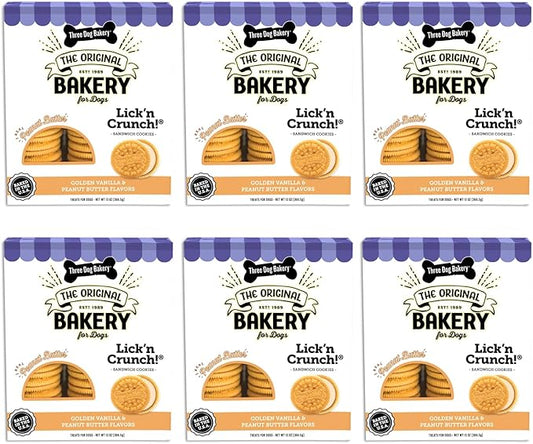 Three Dog Bakery Lick'n Crunch Sandwich Cookies Premium Dog Treats with No Artificial Flavors, Golden & Peanut Butter Flavor, 13 Ounces (Pack of 6) - PAWPICO