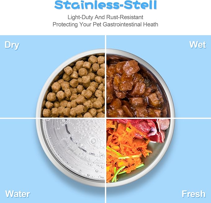 JUST RUN Double Dog Cat Bowls, 6.9" Dia Food Bowl and 11.6" L Water Bowl with Automatic Water Dispenser, Stainless Steel, Suitable for Small Dogs, Puppies, and Cats - PAWPICO