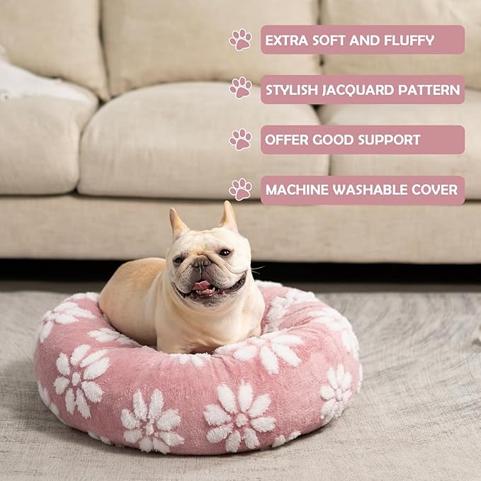 Donut Dog Beds for Medium Dogs, Calming Round Cat Beds for Indoor Cats, Cute 3D Textured Flower Pet Bed with Removable Washable Cover and Anti-Slip Bottom（Pink，30"） - PAWPICO