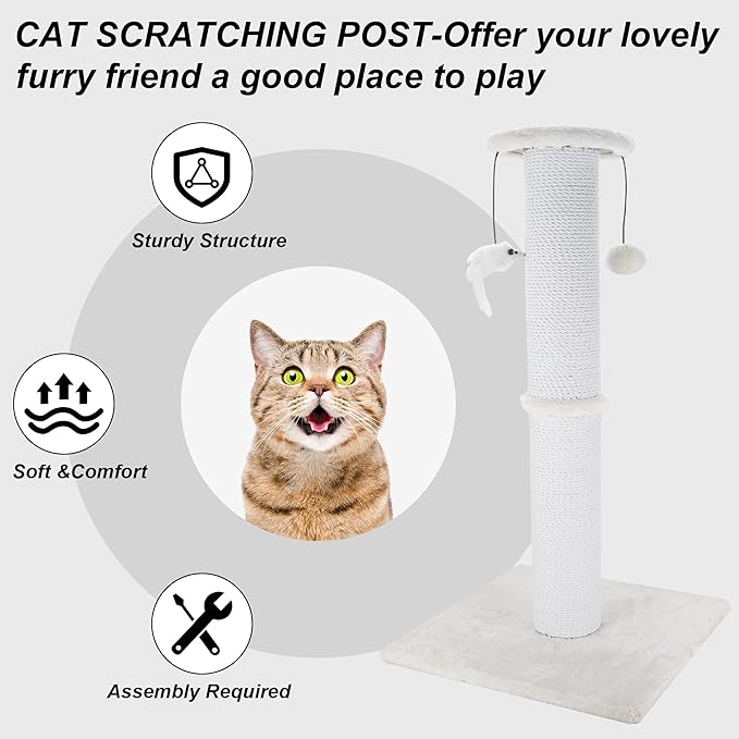 Cat Scratching Post 34 Inches Heavy Duty and Thicker Cat Scratching Post Sisal Rope with Hanging Ball and Mice Scratching Post for Indoor Cats and Adult(White) - PAWPICO