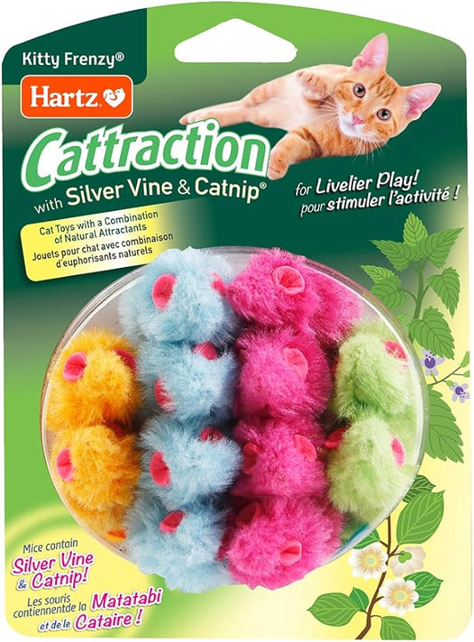 Hartz Cattraction Kitty Frenzy Cat Toy with 12 Silver Vine & Catnip Mice, Multi, All Breed Sizes - PAWPICO