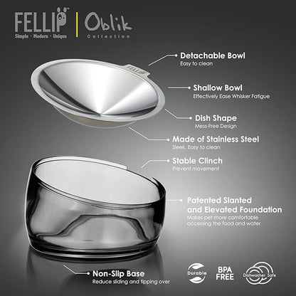 Felli Pet Oblik Whisker Fatigue Cat Food Bowl Raised Stainless Steel Shallow Dish, Pet Friendly Design Anti Vomit Tilted Metal Plate Feeder Elevated Acrylic Base for Treats Storage (0.5 Cups, Smoky) - PAWPICO