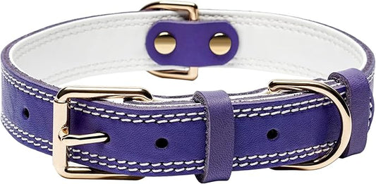 Genuine Leather Dog Collar, Heavy Duty Dog Collar, Wide Dog Collar for Small Dog, Medium Dog, Large Dog and Extra Large Dog (S: 0.8" Wide for 13.4"-15.8" Neck, Dual Stitch - Purple) DAIHAQIKO