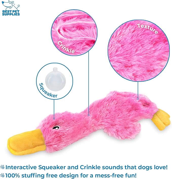 Best Pet Supplies Crinkle Dog Toy for Small, Medium, and Large Breeds, Cute No Stuffing Duck with Soft Squeaker, Fun for Indoor Puppies and Senior Pups, Plush No Mess Chew and Play - Light Pink - PAWPICO