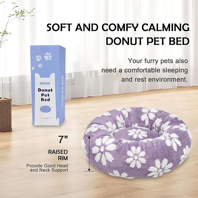 Donut Dog Beds for Small Dogs, Calming Round Cat Beds for Indoor Cats, Cute 3D Textured Flower Pet Bed with Removable Washable Cover and Anti-Slip Bottom（Purple，23"） - PAWPICO