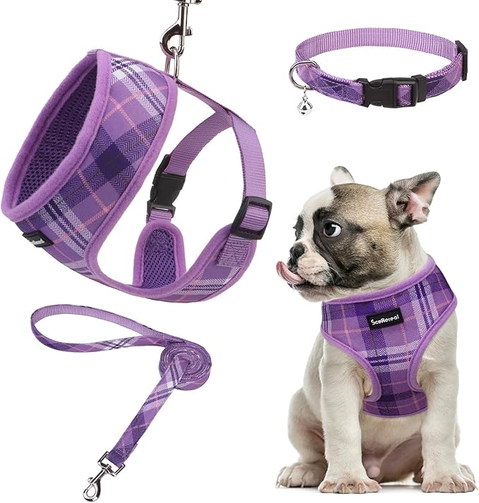 SCENEREAL No Pull Dog Harness Collar and Leash Set Small Medium Sized Dog, Soft Mesh Step in Puppy Harnesses, No Chock Plaid Adjustible Pet Vest for Outdoor Walking Training and Running, Purple M SCENEREAL