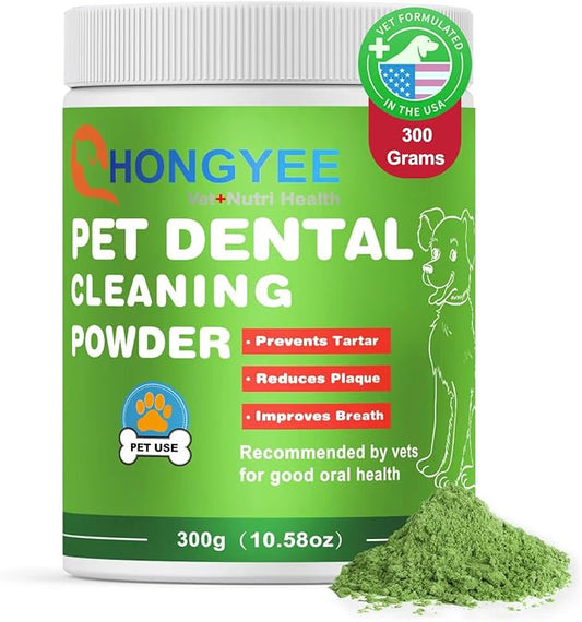 Dog Dental Powder(10.58OZ)-Teeth Cleaning Powder for Dogs, Plaque Off Powder for Dogs & Cats Breath Freshener Powder for Bad Breath, Tartar Remover, for Small/Medium/Large/Giant Dog HONGYEE-NH