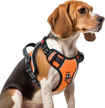 Timos Dog Harness Medium Sized, No Pull Dog Harness with Neck Lockable Snap,No Choke Front Clip Dog Reflective Harness,Adjustable Metal Rings 3 Buckles,Easy Control Handle for Medium Dogs Orange M Timos