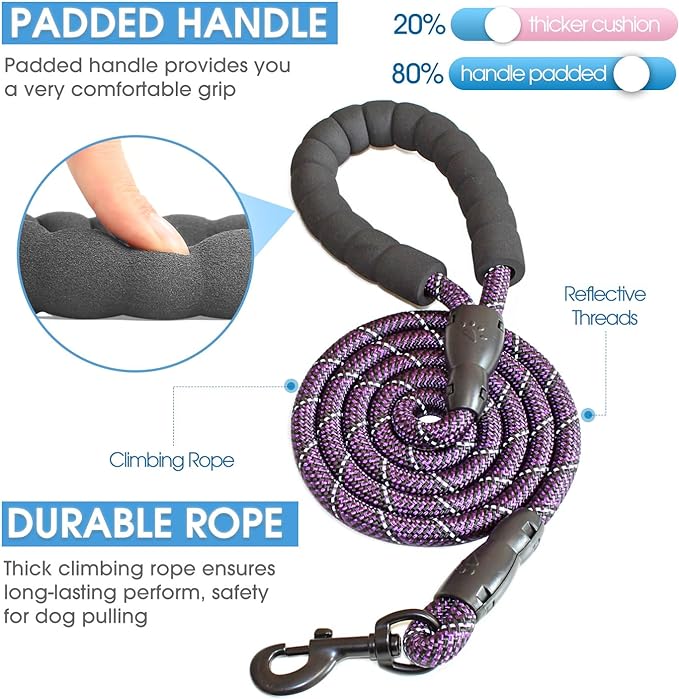BAAPET 2/4/5/6 FT Dog Leash with Comfortable Padded Handle and Highly Reflective Threads for Small Medium and Large Dogs (5FT-1/2'', Black Purple) BAAPET