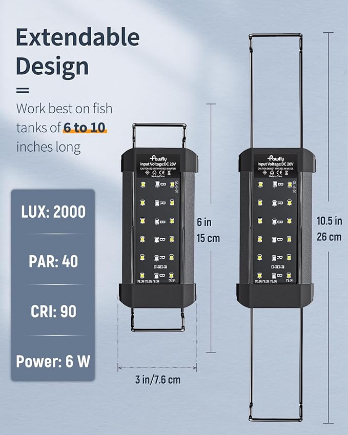 Pawfly 6 W Aquarium LED Light for 6" to 10" Fish Tanks Extendable Fish Tank Light with Full Spectrum Brilliant White Blue Red Lights with Daytime & Night Modes and Adjustable Brightness Pawfly