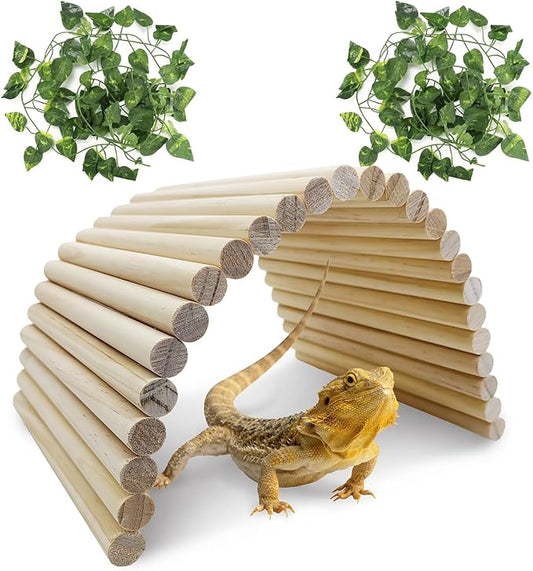 Hamiledyi Wooden Reptile Hideout Bearded Dragon Bendy Bridge Climbing Ladder Hiding Hut Reptiles Hide Cave Habitat Decor for Lizards Gecko Spiders Snakes Tortoise(15.66 x 7.8in) Hamiledyi