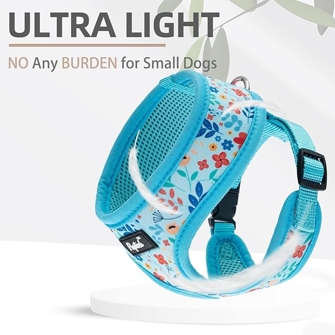 PUPTECK Soft Mesh Dog Harness and Leash Set Pet Puppy Cat Comfort Padded Vest No Pull Harnesses, Blue Floral, S PUPTECK