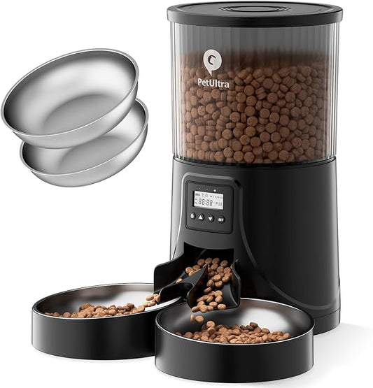 Automatic Cat Feeder 2 Cats: Dual Cat Feeder Automatic- Timed Auto Feeder 16 Cups/4L Cat Food Dispenser& Dual Power Auto Pet Feeder for Indoor Cat&Dog with Stainless Steel Bowl - PAWPICO