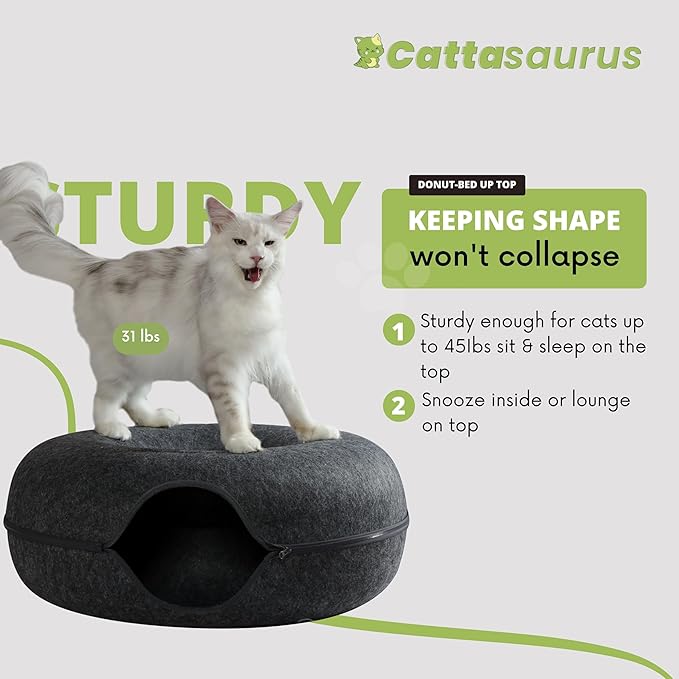 CATTASAURUS Peekaboo Cat Cave for Multiple & Large Cats Up to 30-45 Lbs, Scratch Detachable & Washable Tunnel Bed, Comfy Donut Cat Cave (Dark Gray, Jumbo) - PAWPICO
