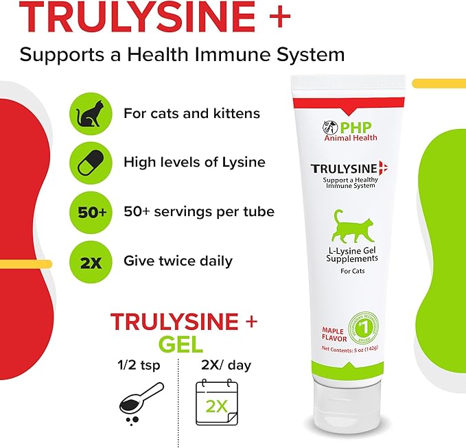 Trulysine Viralysine L-Lysine Gel Supplement for Cats, 5oz - Cats & Kittens of All Ages - Immune Health - Sneezing, Runny Nose, Squinting, Watery Eyes - Palatable Maple Flavor Pet+Health+Pharma