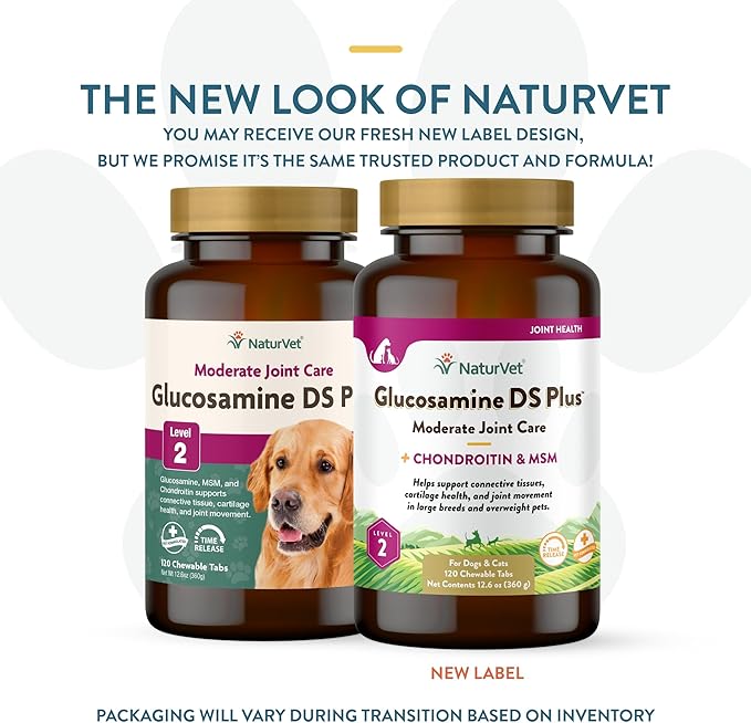 NaturVet Glucosamine DS Plus Level 2 Moderate Care Joint Support Supplement for Dogs and Cats, Chewable Tablets Time Release, Made in The USA, 120 Count NaturVet