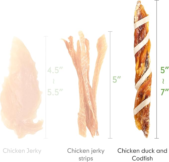 MON2SUN Dog Treats, Triple Flavor Jerky Twist Sticks, 5-7 Inch Chicken Duck and Codfish Sticks Dog Chews for Small Dogs, Healthy Dog Snacks, 17.64 oz (25 Count-Pack of 1) - PAWPICO