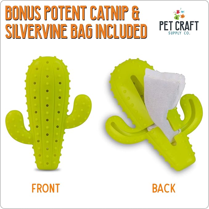 Pet Craft Supply Cactus Interactive Cat Toy Chew Toy Teeth Cleaning Bite Resistant 100% Natural Rubber with Bonus Catnip and Silvervine Bags for Kittens and Adult Cat - PAWPICO