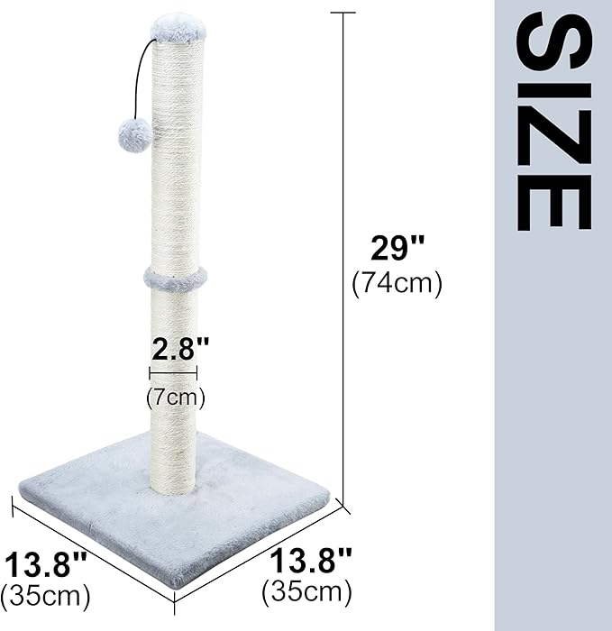 Dimaka 29" Height Tall Cat Scratching Post, Claw Scratcher with Sisal Rope and Covered with Soft Smooth Plush, Vertical Scratch [Full Strectch] for Standard Size Cats (Grey, 29 inches) - PAWPICO