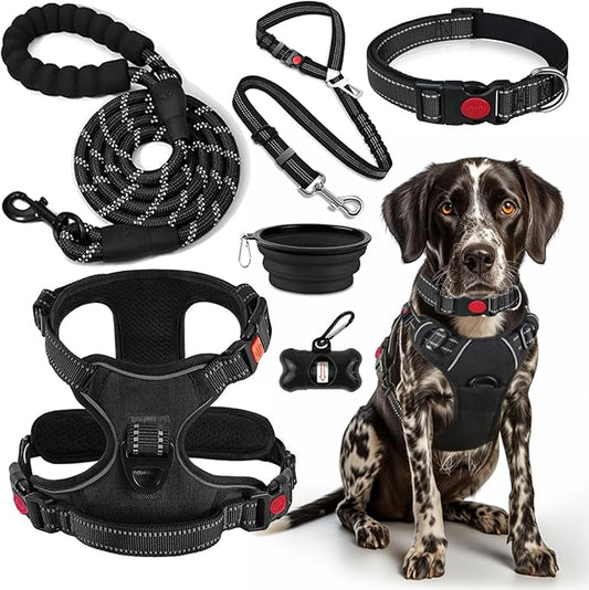 No Pull Dog Harness, Collar & Leash Set | Includes Dog Seat Belt, Collapsible Bowls & Poop Bag Dispenser. Ideal for Training, Walking, Hiking. Fits Small to Large Dogs(Black-S) Lovebegetslove