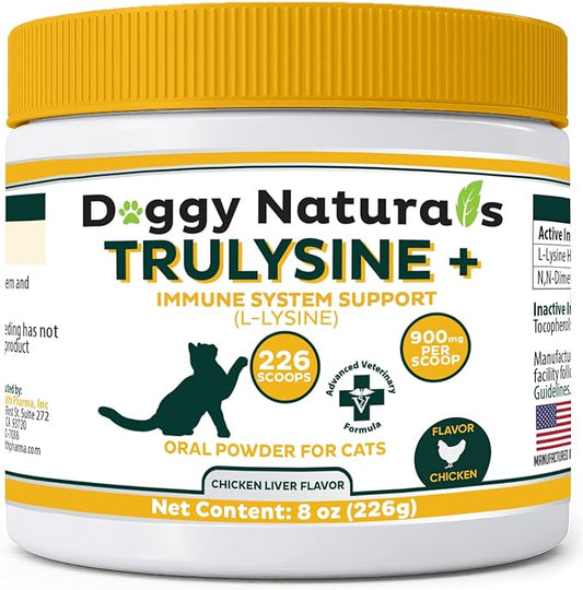 Trulysine Plus L-Lysine for Cats Immune Support Oral Powder 8oz/226g - Cats & Kittens of All Age, Sneezing, Runny Nose Squinting, Watery Eyes Chicken Liver Flavor (U.S.A)(226 Grams (900mg / Scoop)) Pet+Health+Pharma
