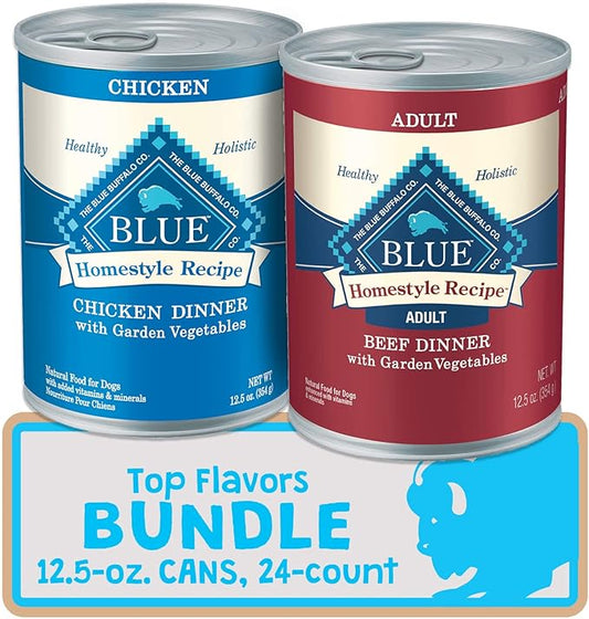 Blue Buffalo Homestyle Recipe Natural Adult Wet Dog Food Variety Pack, Chicken & Beef 12.5 oz cans (24 Count- 12 of Each Flavor) - PAWPICO