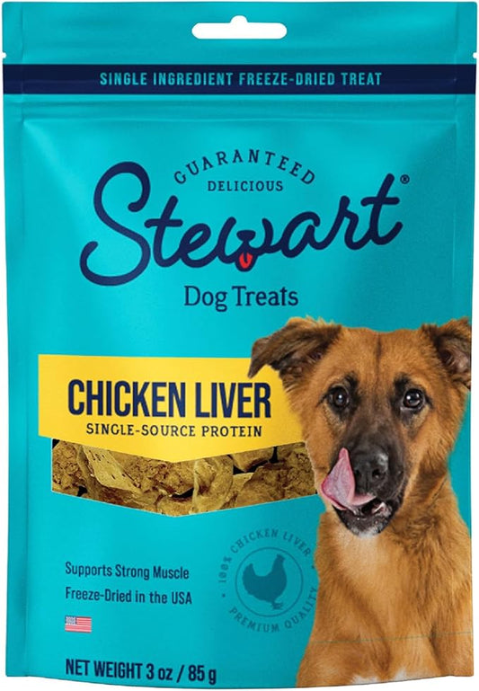 Stewart Freeze Dried Dog Treats, Chicken Liver, 3 oz, Grain Free & Gluten Free, Resealable Pouch, Single Ingredient, Dog Training Treat - PAWPICO
