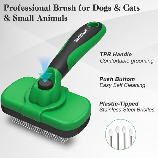 Swihauk Self Cleaning Slicker Brush for Dogs & Cats - Skin Friendly Deshedding Brush for Long and Short Haired Pets, Grooming Brush, Green - PAWPICO