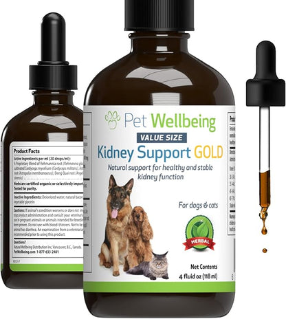 Pet Wellbeing Kidney Support Gold for Dogs & Cats - Healthy Kidney Function, Energy & Fluid Balance, Normal Appetite, Rehmannia, Dong Quai - Veterinarian-Formulated Herbal Supplement 4 oz (118 ml) PetWellbeing