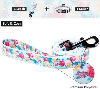 Ihoming Puppy Collar and Leash Set for Daily Outdoor Walking Running Training, Blue Festive Flowers Design for Extra Small Boys Girls Dogs Cats Pets, XS-Up to 10LBS Ihoming